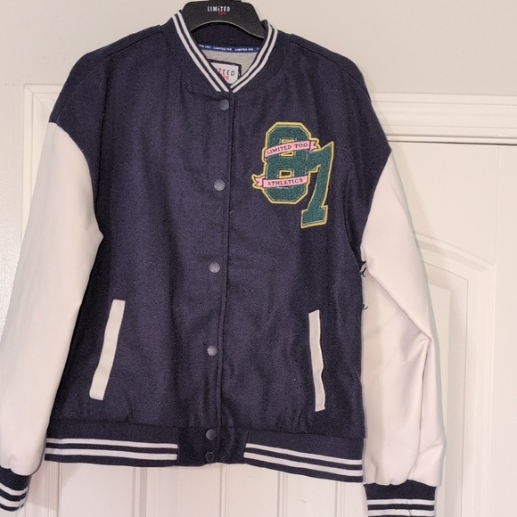 Limited Too Other - Limited Too Navy and White Letterman Jacket with Green Patch